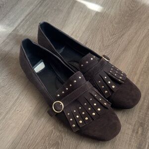 ONO Natina Kiltie Suede Leather Brown Studded Fringe Block Heel Loafers